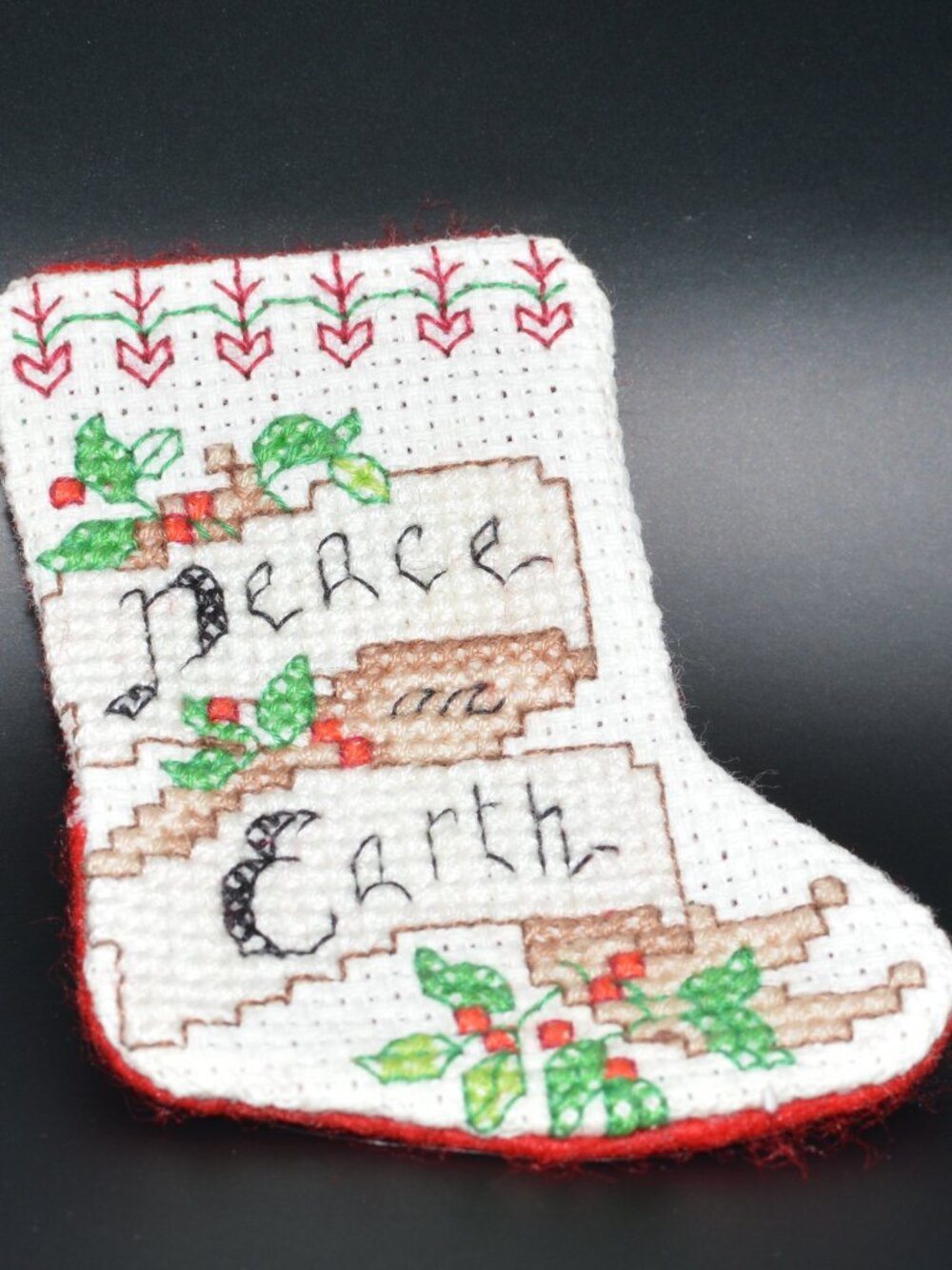 Cross Stitch Homemade Stocking Ornament - Peace on Earth